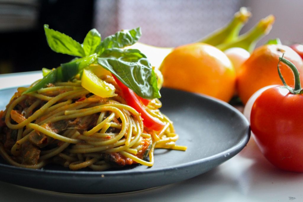 Basil leaves on spaghetti