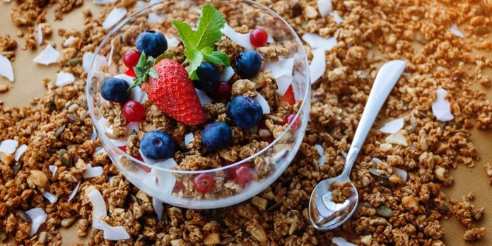 A bowl of granola cereal