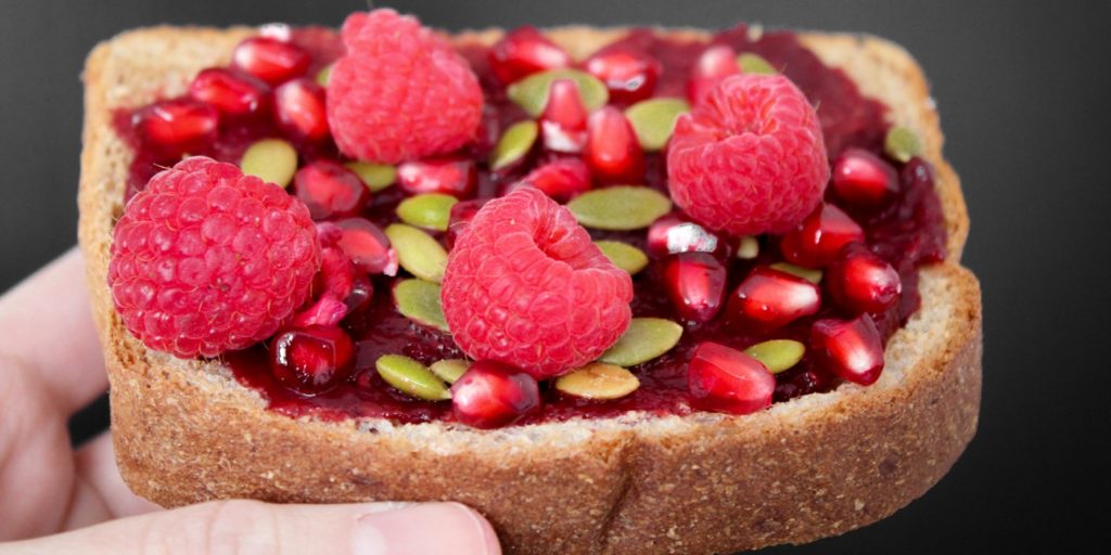 A picture of bread with strawberry sandwich